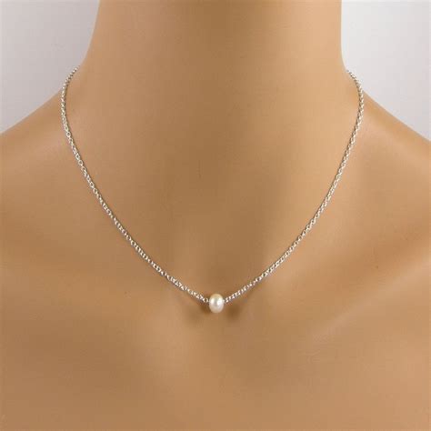 Single Small White Pearl Sterling Silver Floating Pearl Necklace Small Pearl Necklace