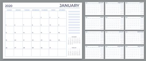Monthly Planner Template Year Calendar Notes Grid 2020 Planners