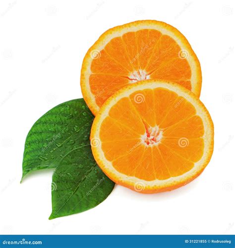 Fresh Orange Fruit With Green Leaves Isolated On White Stock Image