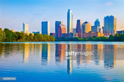 Austin Skyline At Sunrise Reflected In Ladybird Lake High Res Stock