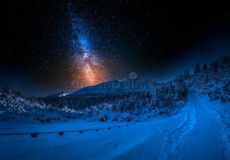 Mountain Path And Milky Way In Winter Stock Photo Image Of Cold