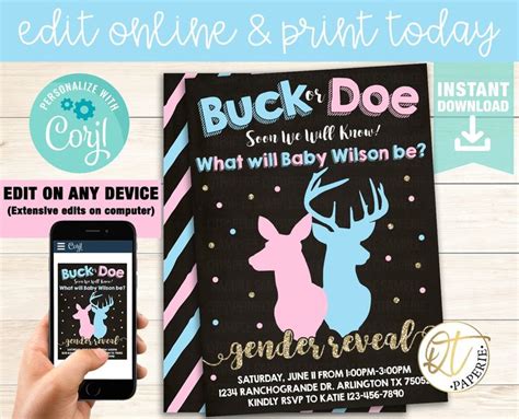 Buck Or Doe Gender Reveal Invitation Deer Gender Reveal Buck Etsy