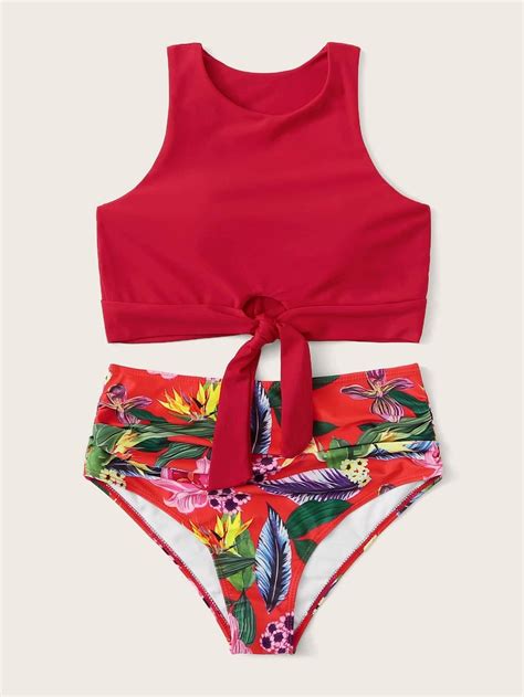 Knot Top Red Tankini Swimsuit Tropical High Waist Bikini Bottom
