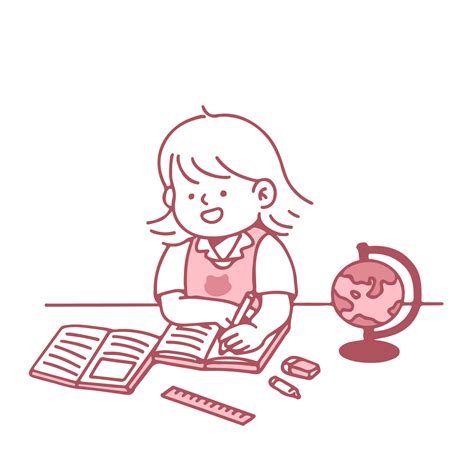 Cute Cartoon Happy Little Girl Studying Vector Illustration Isolated