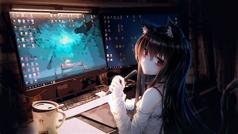 Wallpaper Anime Cat Girl Room Computer Animal Ears