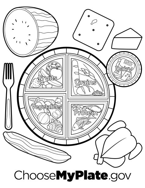 Using the eatwell plate poster provided children become more familiar with what may constitute a healthy, balanced diet, they sort food images into correct food groups and then play the eatwell game in small groups where they collect cards from each food. MyPlate Coloring Page | nutritioneducationstore.com