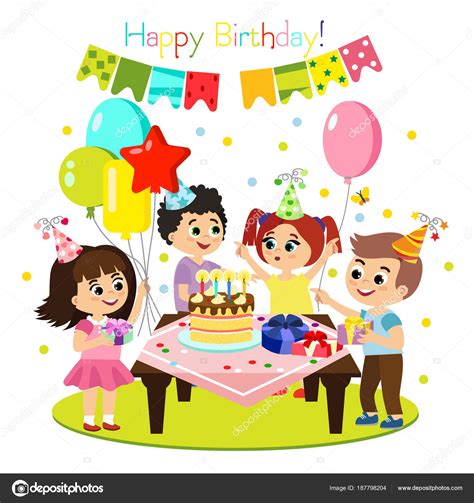 Vector Illustration Of Kids Birthday Party Colorful And Bright