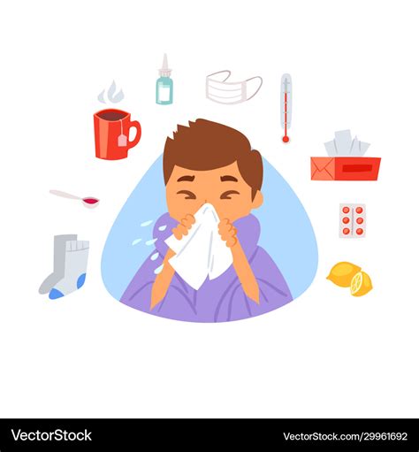 Flu And Sick Boy With Handkerchief In Hand Vector Image