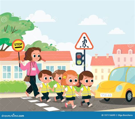 Children Crossing The Street By Crosswalk Stock Vector Illustration