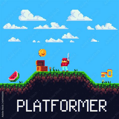 2d Platformer Set For Pixel Art Style Game Isolated Vector 8 Bit