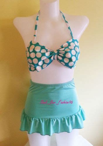 green pastel bottom skirted swim retro bikini mint polka dot bandeau top m nowt bikini for