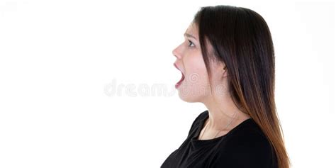 Closeup Side View Profile Portrait Young Woman Talking Yelling With Open Mouth Stock Image