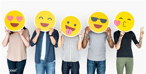 Download Premium Psd Of Diverse People Holding Happy Emoticons 469389