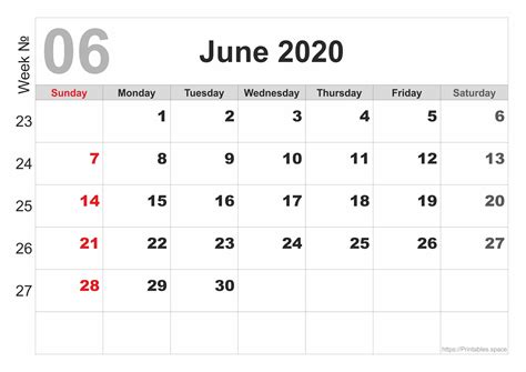 June 2020 Calendar Free Printables