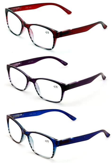 v w e unisex plastic frame rectangular reading glasses 3 pair