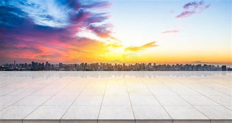 Empty Marble Floor Top With Panoramic Modern Cityscape Building