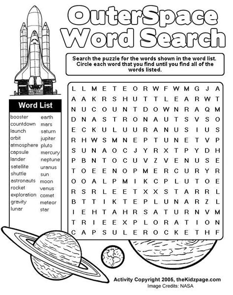 Outer Space Word Search Activity Sheet Free Coloring