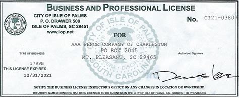 Business Licenses AAA Fence Charleston