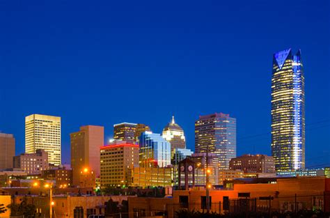 Oklahoma City Skyline With Devon Tower At Dusk Stock Photo - Download ...