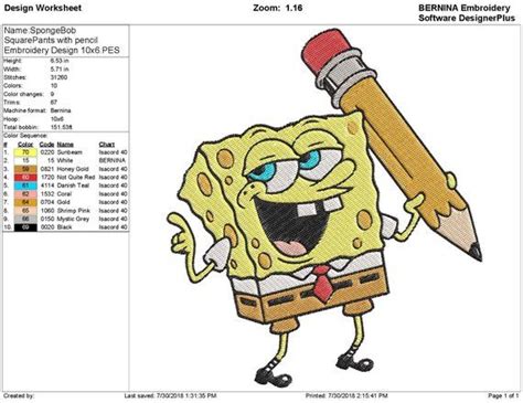 Spongebob Squarepants With Pencil Embroidery Design Embroidery Logo