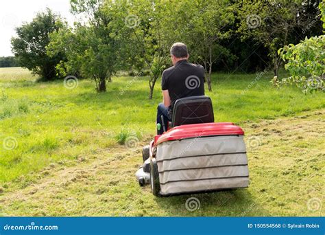 Rear Back View Gardener Man Driving A Riding Lawn Mower In Garden Stock