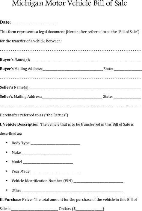 The Michigan Motor Vehicle Bill Of Sale Form Is Shown In This File It