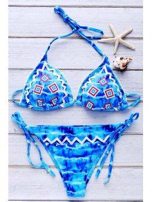 Tie Dye Embroidery Halter Bikini Set In Blue M Zaful