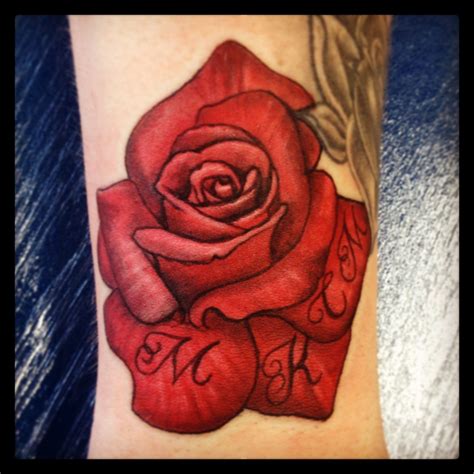 Red Rose Tattoo With Siblings Initials Within Petals This Was A Really