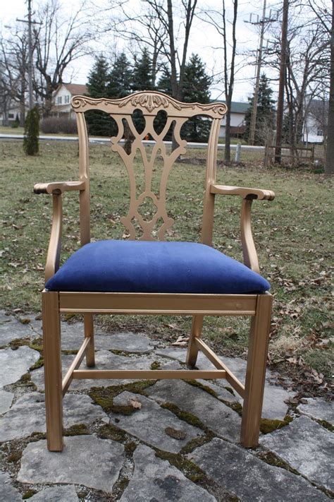 Gold Chippendale Chair With Navy Blue Fabric By Redeemed Furnishings In