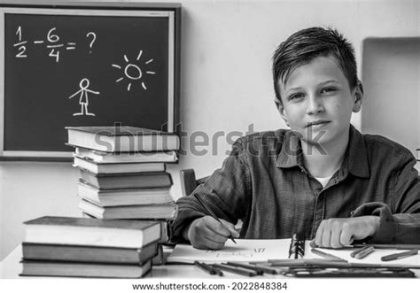 Portrait Elementary School Student Doing Homework Stock Photo