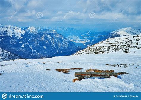 The Bench In Snow Krippenstein Salzkammergut Austria Stock Photo
