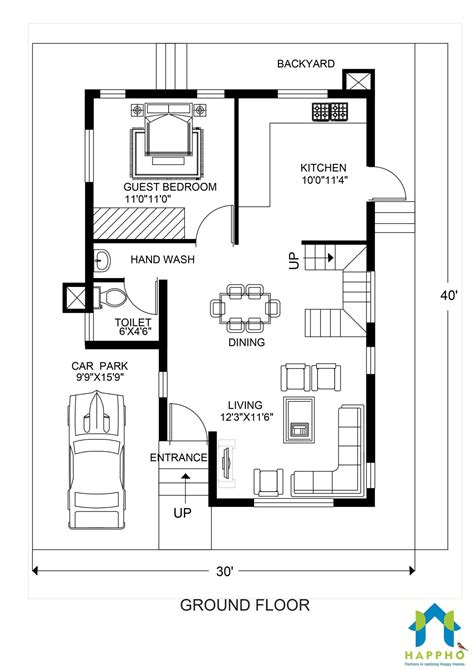 30 X 40 Duplex Floor Plan 3 Bhk 1200 Sqft Plan 028 Happho