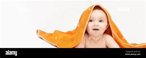 Cute Little Baby Under Bath Towel Happy Kid Portrait White