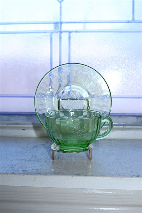 Green Depression Glass Cup Saucer Hazel Atlas Fruits Vintage 1930s