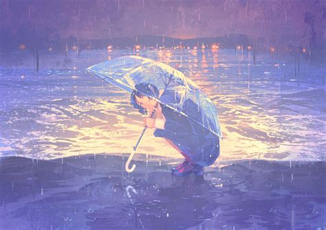 Wallpaper Anime Girls Umbrella Rain City Lights Dark