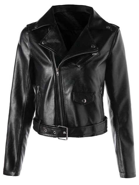 32 Off 2021 Faux Leather Crop Biker Jacket With Belt In Black Zaful