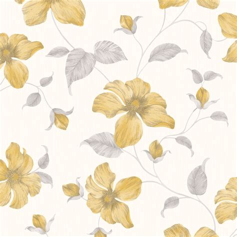 Sample Grandeco Magnolia Floral Flowers Glitter Textured Yellow Grey