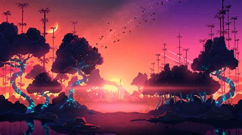 An Animated Landscape With Trees And Lights At Night