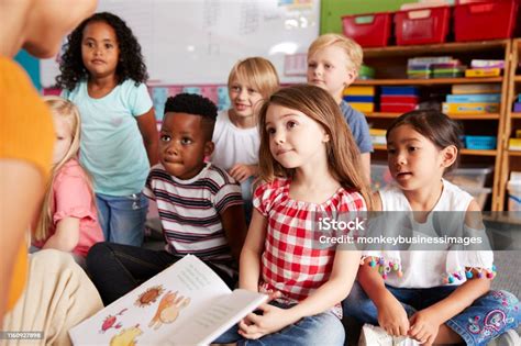 Group Of Elementary School Pupils Sitting On Floor Listening To Female