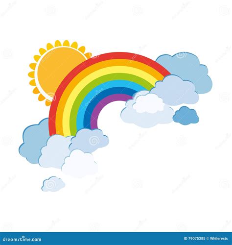 colored rainbows with clouds and sun cartoon illustration isolated on white background stock