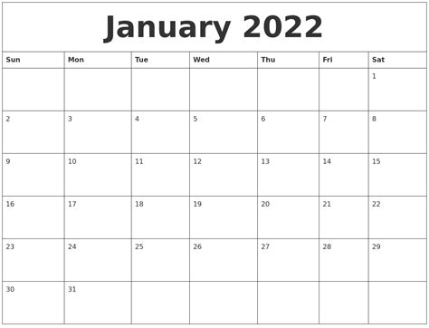 January 2022 Calendar Clipart