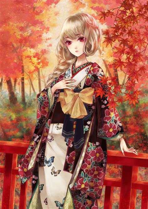 Anime Girl Autumn Blonde Hair Braids Butterfly Kimono Long