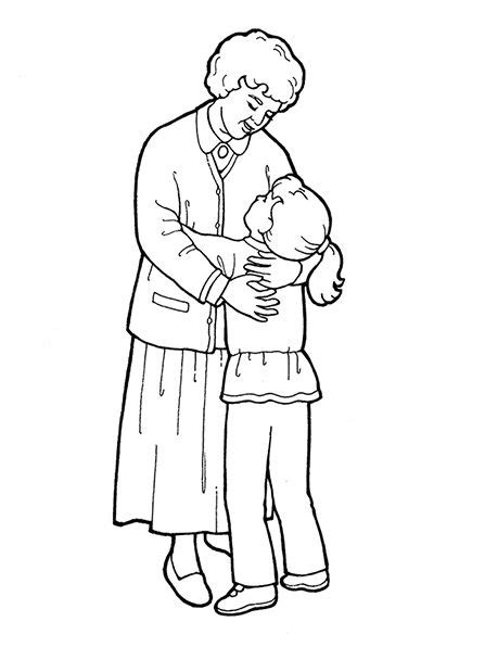 A Black And White Illustration Of A Grandmother Wearing A Dress And Sweater And Hugging Her