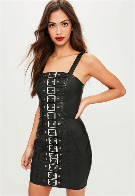 Lyst Missguided Black Faux Leather Buckle Detail Bodycon Dress In Black