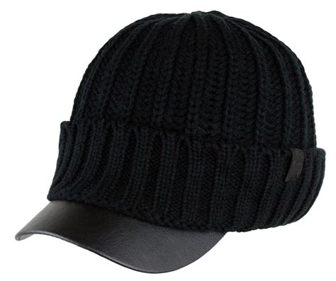 Mens Winter Visor Beanie Knitted Hat With Faux Leather Brim Black At