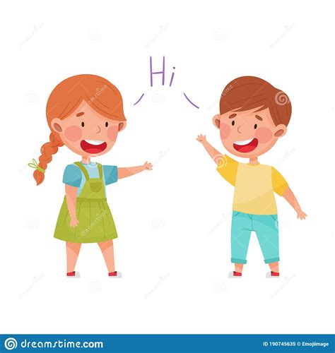 Friendly Kids Greeting Each Other Waving Hands And Laughing Vector