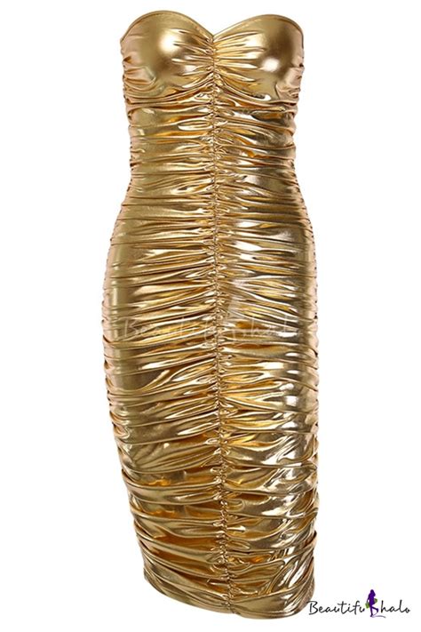 Ladies Sexy Fashion Gold Metallic Ruched Strapless Midi Bodycon Bandeau Dress For Nightclub