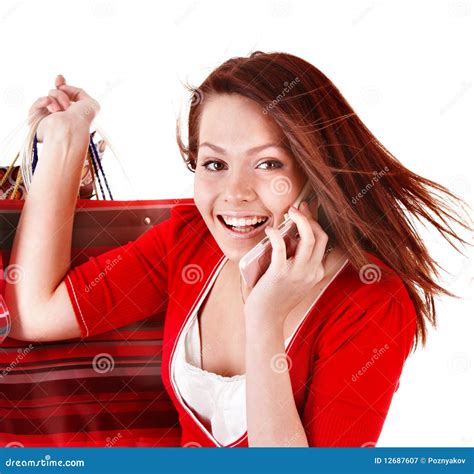 Young Woman With Shopping Bag Mobile Telephone Stock Image Image Of