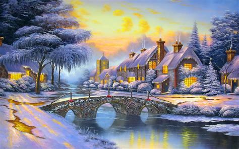 Winter Landscape Art Houses River Bridge Snow