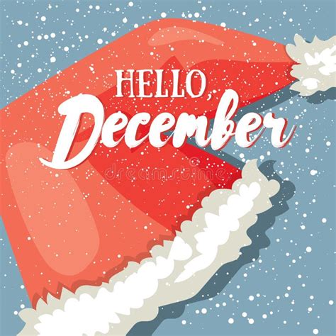 Hello December Post Card Winter Greeting Card With Santa`s Hat And